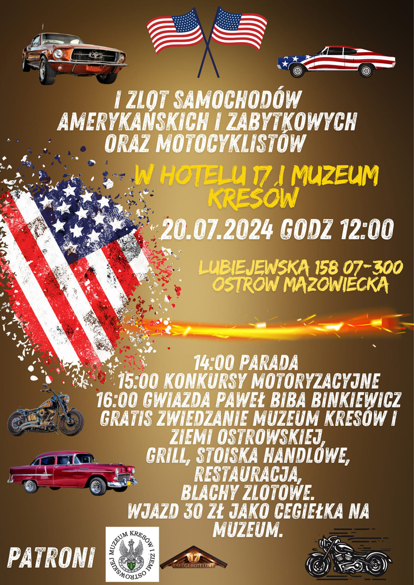 I Zjazd samochodów amerykańkich i zabytkowych oraz motocyklistów w Hotelu 17 i Muzeum Kresów w Ostrowi Mazowieckiej